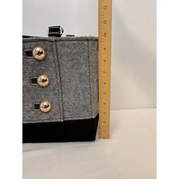 NWOT Kate Spade Black & Gray Wool Blend Tote Bag Gold Button Polka Dot Interior